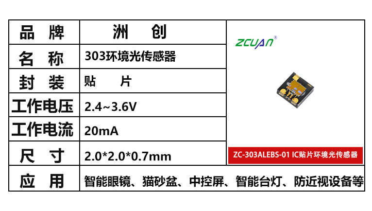 貼片環(huán)境光傳感器，ZC-303ALEBS-01，數(shù)字環(huán)境光傳感器，貼片光感