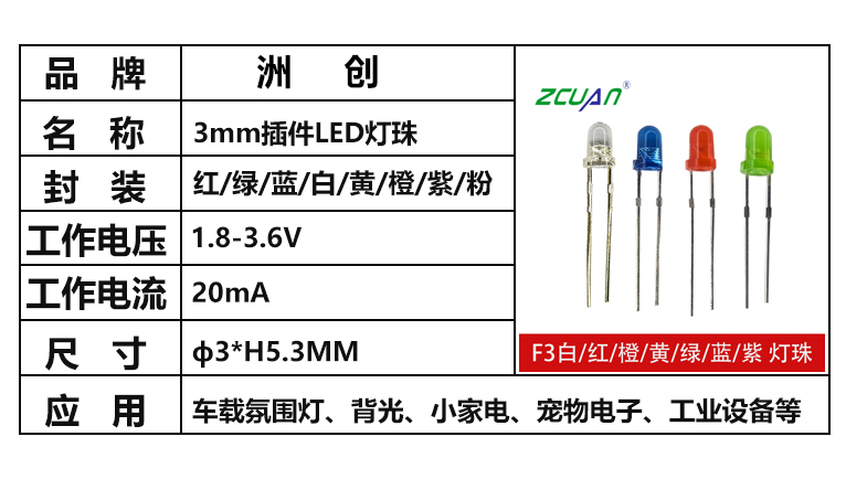 “3mm燈珠，直插LED燈珠，F(xiàn)3紅光，F(xiàn)3白光,3MM單色燈珠”/