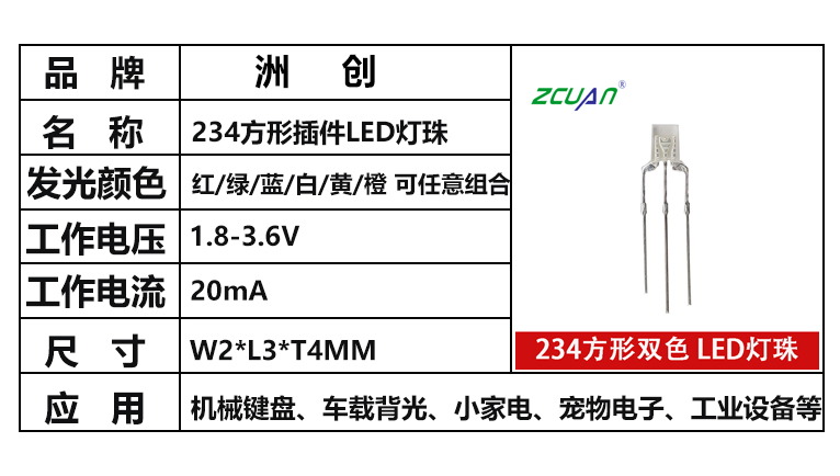 “234方形插件led燈珠，發光顏色，工作電壓”/